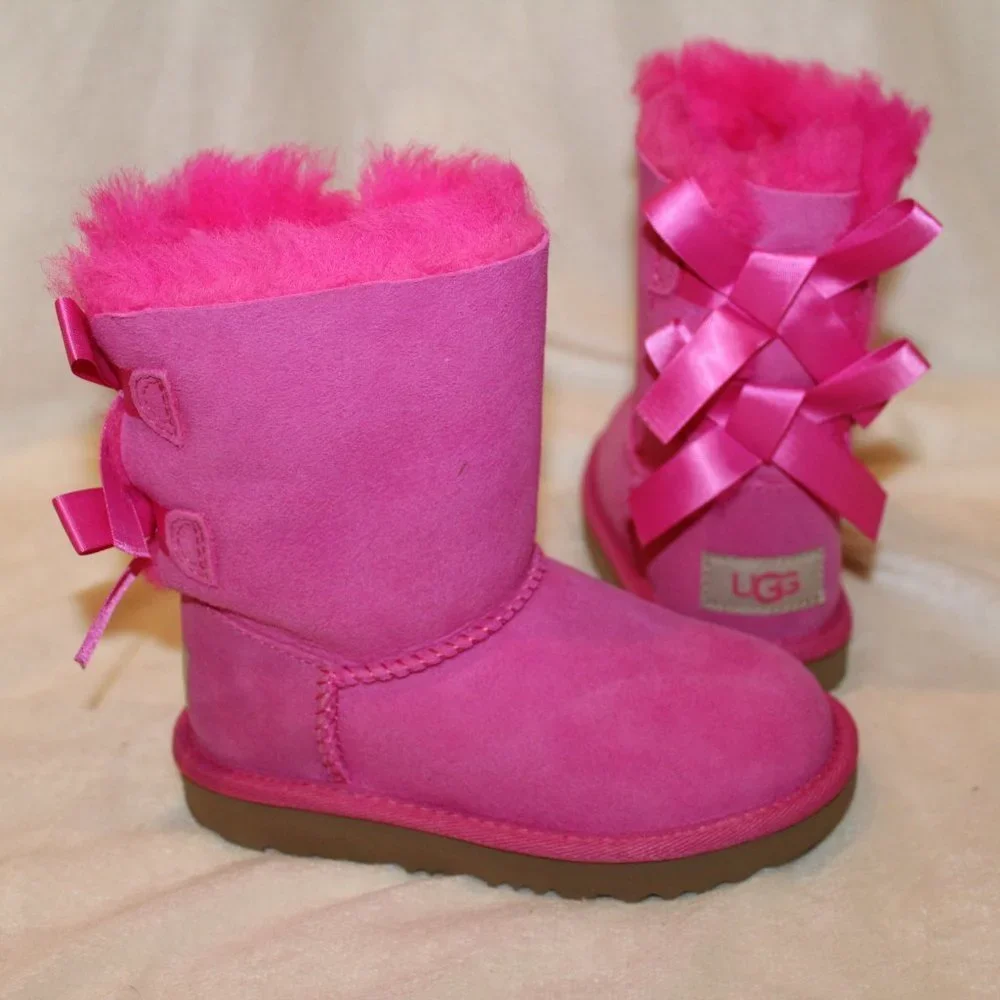 NIB UGG TODDLER BAILEY BOW‎ II WATER RESISTANT SUEDE SHEARLING BOOTS PINK